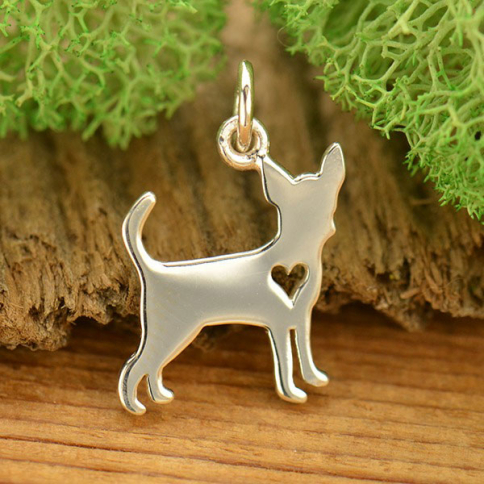 Sterling Silver Dog Charm - Chihuahua with Heart 18x11mm