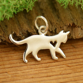 Sterling Silver Cat Charm with Heart Cutout 13x17mm
