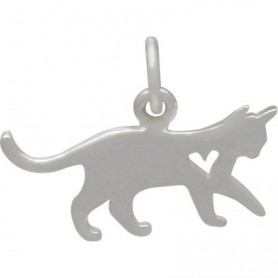 Sterling Silver Cat Charm with Heart Cutout 13x17mm