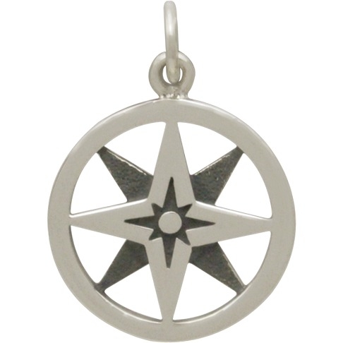 Sterling Silver North Star Compass Charm in Circle 21x15mm