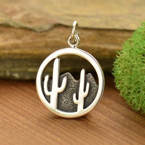 Sterling Silver Cactus and Desert Mountain Charm 22x15mm