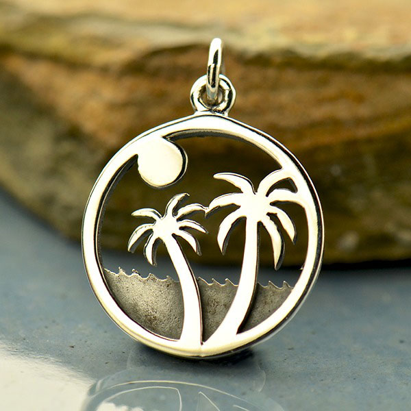 Sterling Silver Palm Tree Charm Pendant 0.98 in x 0.51 in 