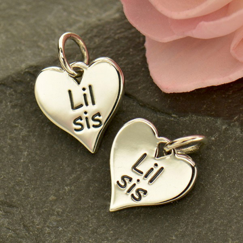 Sterling Silver Word Charm on Heart - Lil Sis