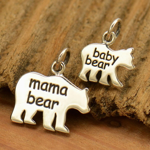 Sterling Silver Mama Bear and Baby Bear - Etched Set