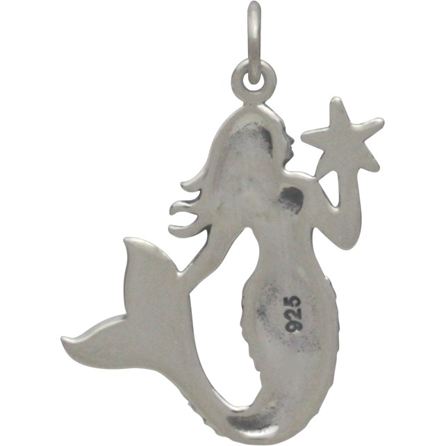 Sterling Silver Mermaid Pendant Holding a Starfish  27x18mm