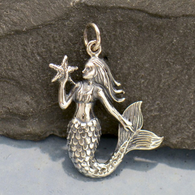 Sterling Silver Mermaid Pendant Holding a Starfish  27x18mm