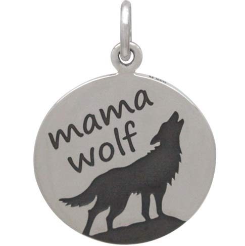 Sterling Silver Mama Wolf Charm Etched on Disk