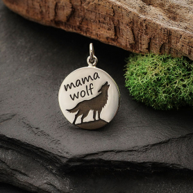 Sterling Silver Mama Wolf Charm Etched on Disk