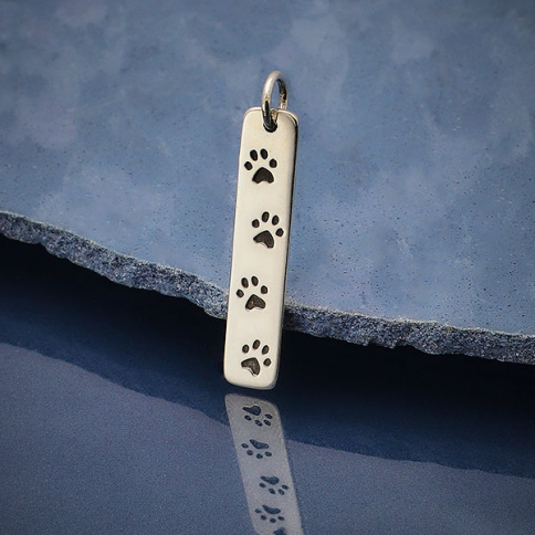 Sterling Silver Rectangle Charm with 4 Paw Prints