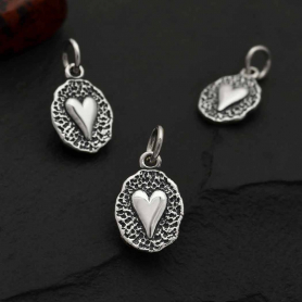 Sterling Silver Heart on Oval Coin Charm 17x9mm