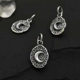 Sterling Silver Crescent Moon on Oval Coin Charm 17x9mm