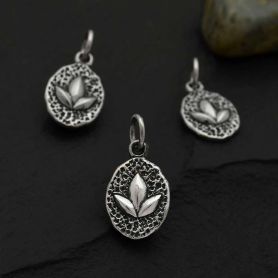 Sterling Silver Lotus on Oval Coin Charm 17x9mm