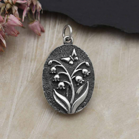 Sterling Silver Oval Lily of the Valley Charm 26x15mm