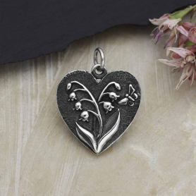 Sterling Silver Heart Lily of the Valley Charm 22x17mm