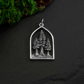 Sterling Silver Dimensional Pine Tree Forest Pendant 28x16mm