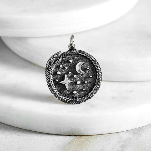 Sterling Silver Ouroboros with Moon and Stars 27x21mm