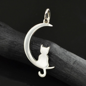 Sterling Silver Moon Charm with Kitty 25x11mm