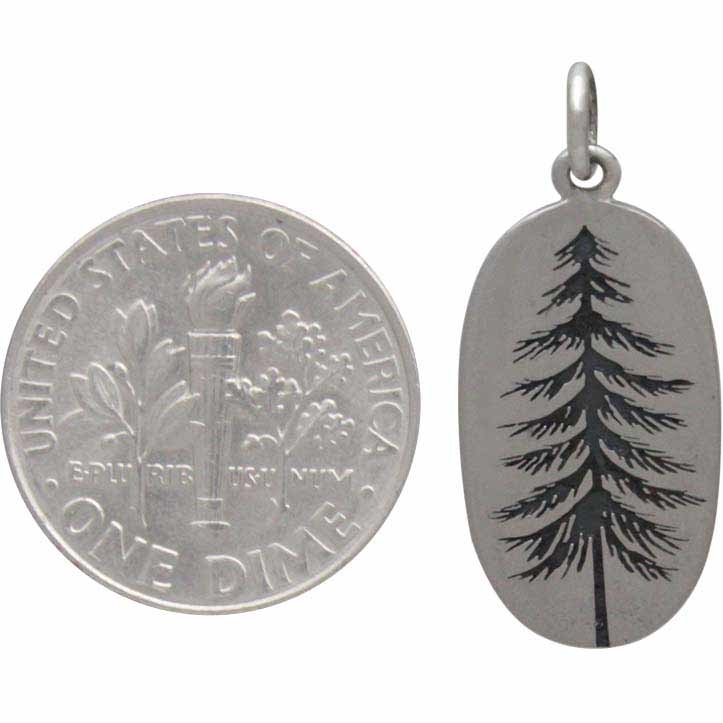 Sterling Silver Pine Tree Charm Etched on an Oval 26x10mm
