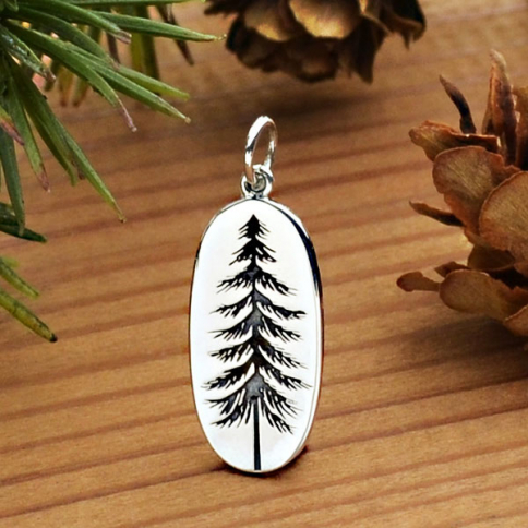 Sterling Silver Pine Tree Charm Etched on an Oval