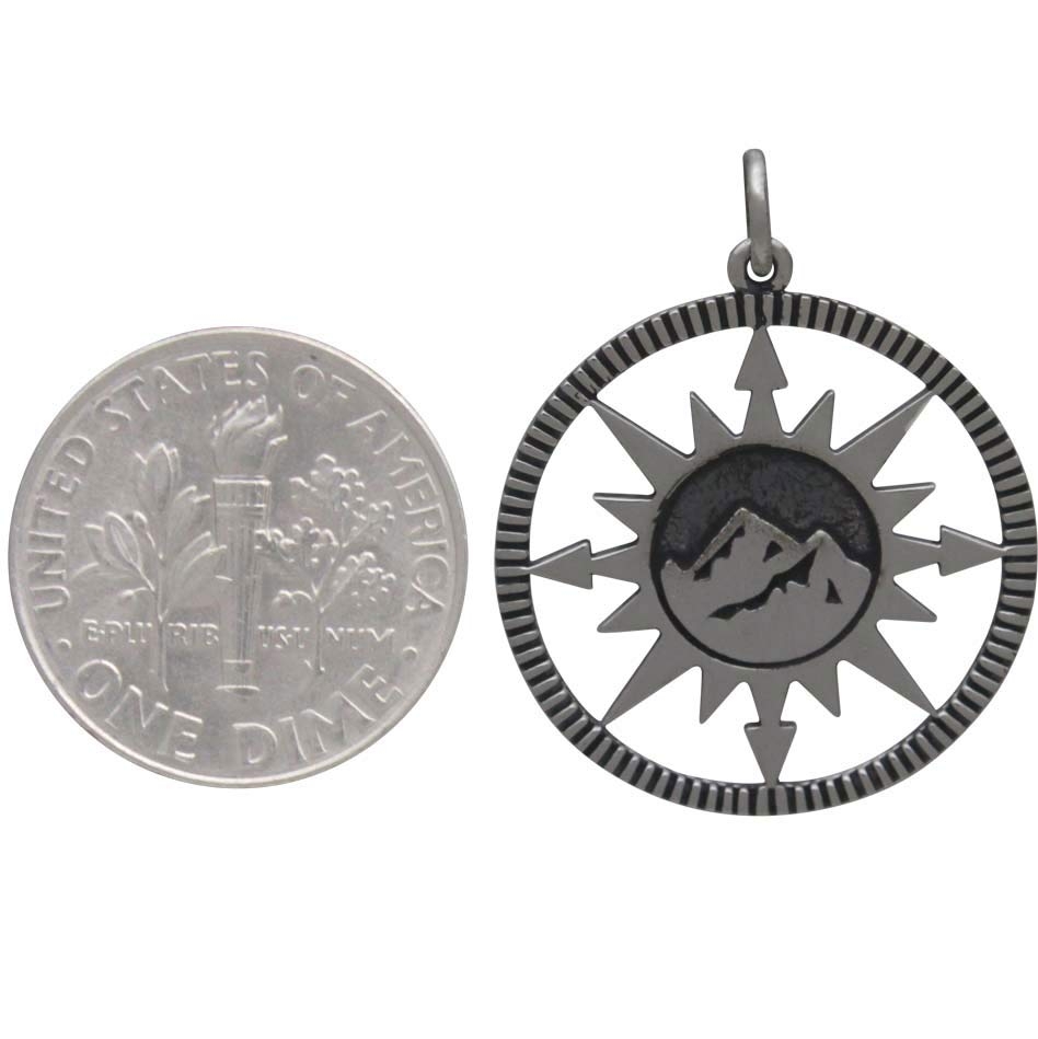 Sterling Silver Compass Pendant with Mountain Center