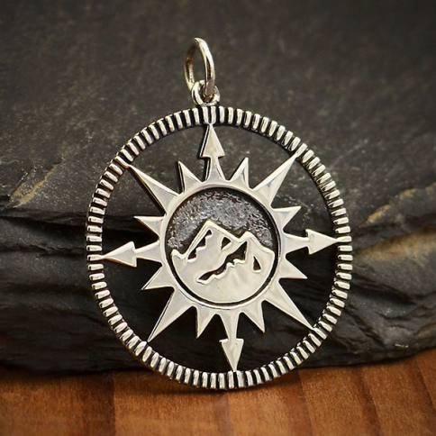 Sterling Silver Compass Pendant with Mountain Center