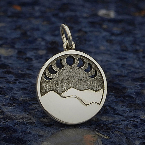 Sterling Silver Mountain Charm w Moon Phase Cutouts