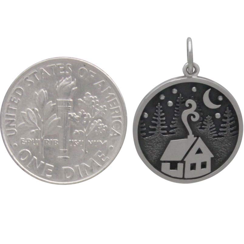 Sterling Silver Cabin Charm with Trees and Moon