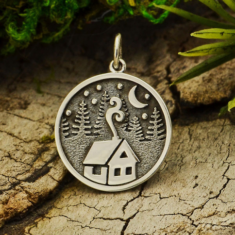 Sterling Silver Cabin Charm with Trees and Moon