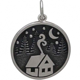 Sterling Silver Cabin Charm with Trees and Moon