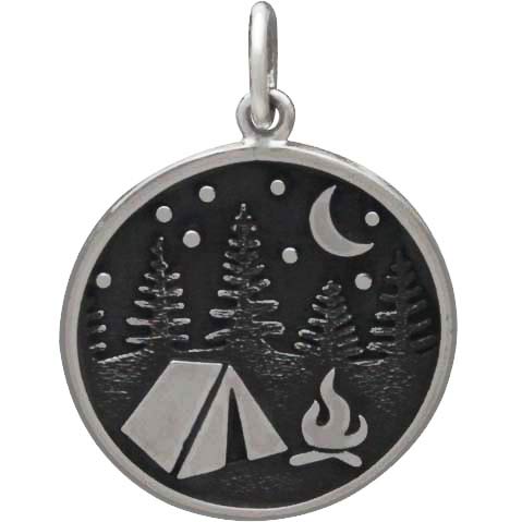 Sterling Silver Camping Charm with Tent and Trees 21x15mm
