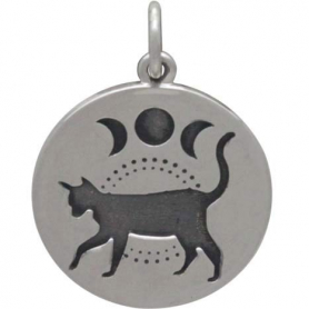Sterling Silver Black Cat Charm with Moon Phases