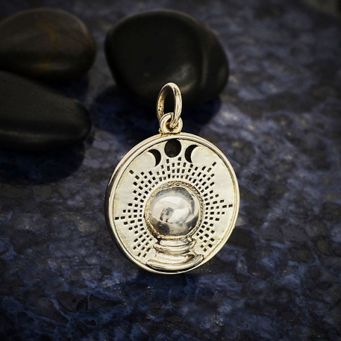 Sterling Silver Crystal Ball Charm with Moon Phases