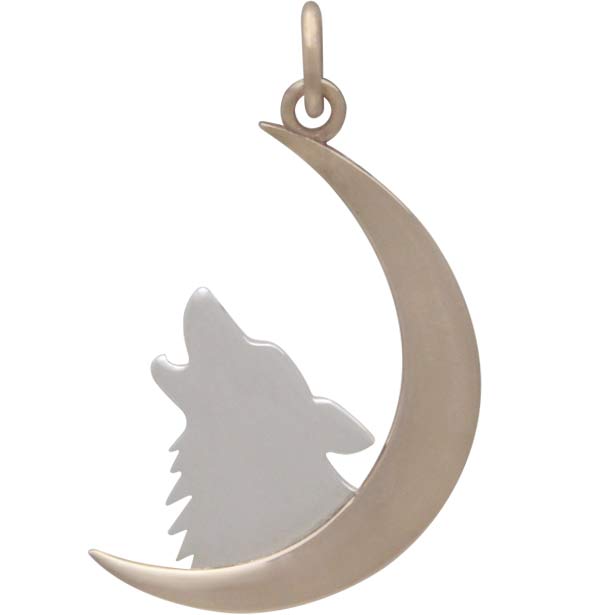 Sterling Silver Howling Wolf Charm with Bronze Moon
