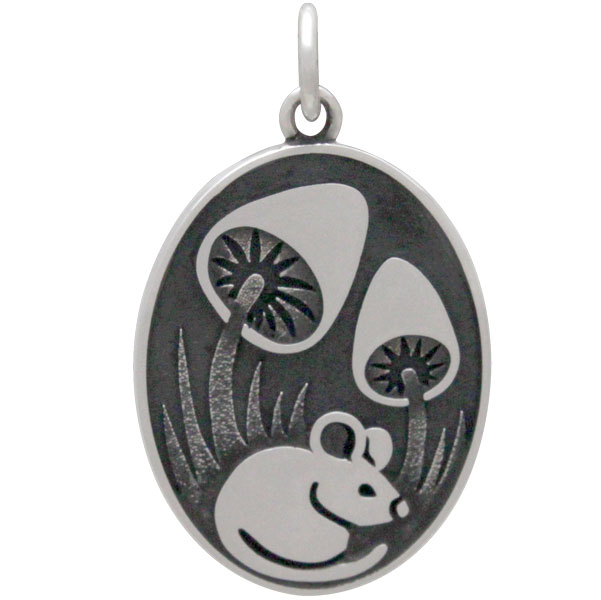 Sterling Silver Silver Mouse Pendant with Mushrooms