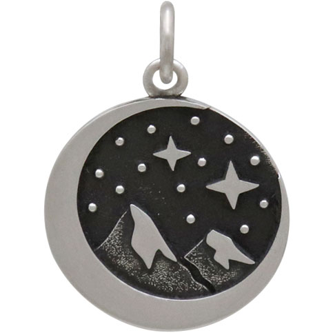 Sterling Silver Snow Cap Mountain Charm with Moon 21x15mm