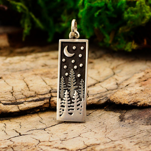 Sterling Silver Rectangle Pine Tree Charm with Moon