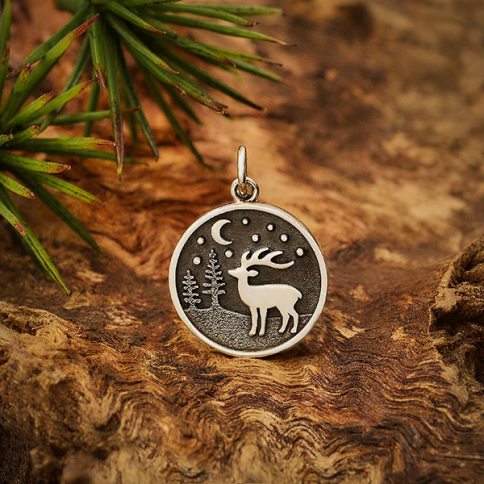 Sterling Silver Reindeer Charm with Moon and Trees 21x15mm