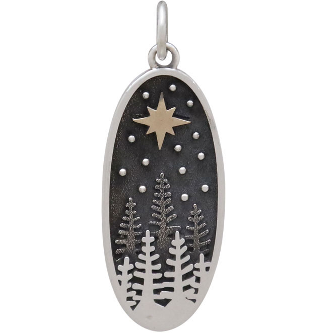 Sterling Silver Pine Tree Charm with Bronze Star 28x10mm