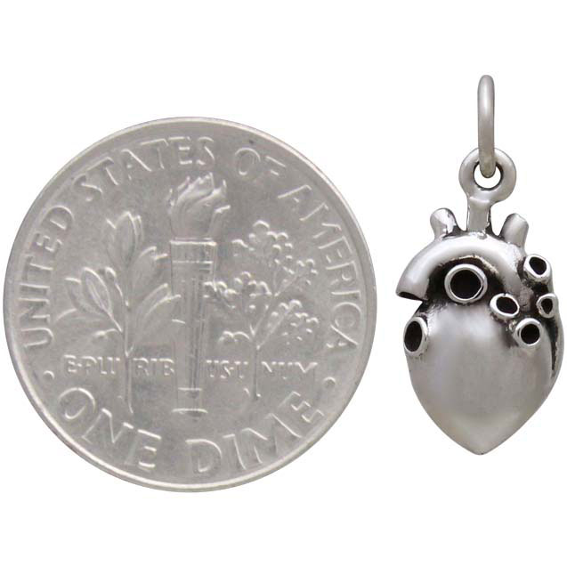  Sterling Silver Small 3D Anatomical Heart Charm 
