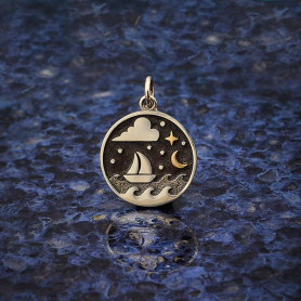 Silver Sailboat Charm with Bronze Star and Moon 21x15mm