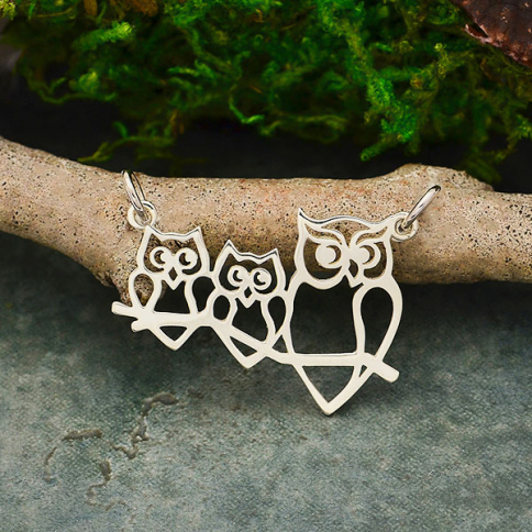 Sterling Silver Mama and 2 Baby Owl Pendant Festoon