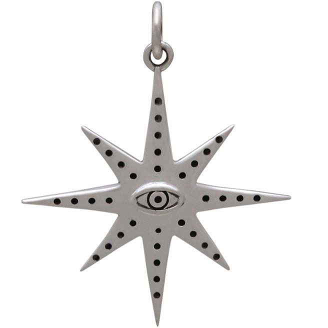 Sterling Silver 8 Point Star Charm with Eye 28x23mm