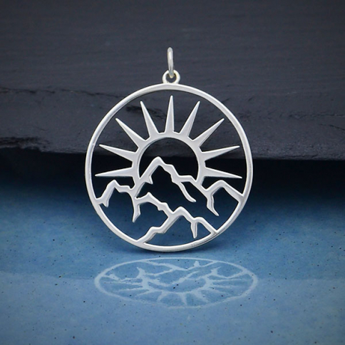  Sterling Silver Openwork Sun Pendant with Mountains