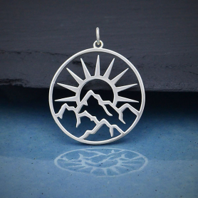 Sterling Silver Openwork Sun Pendant with Mountains 30x25mm