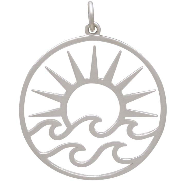 Sterling Silver Openwork Sun Pendant with Waves