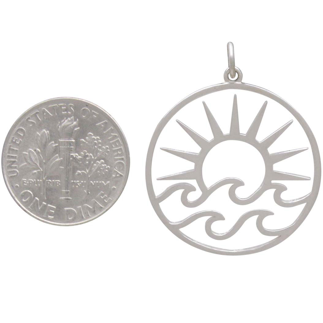 Sterling Silver Openwork Sun Pendant with Waves 30x25mm