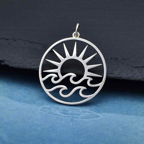 Sterling Silver Openwork Sun Pendant with Waves