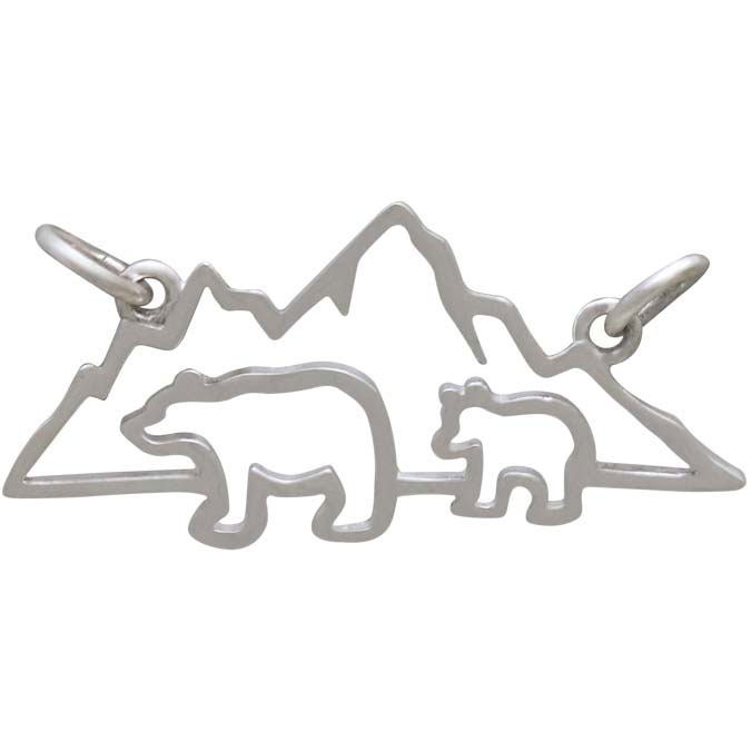 Sterling Silver Mama and 1 Baby Bear Pendant Festoon 14x28mm