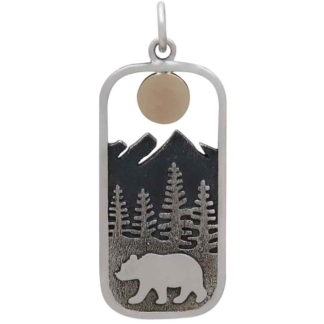 Sterling Silver Rectangle Bear Charm with Bronze Sun