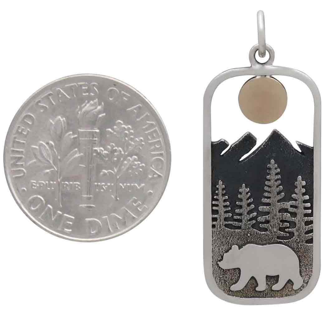 Sterling Silver Rectangle Bear Charm with Bronze Sun